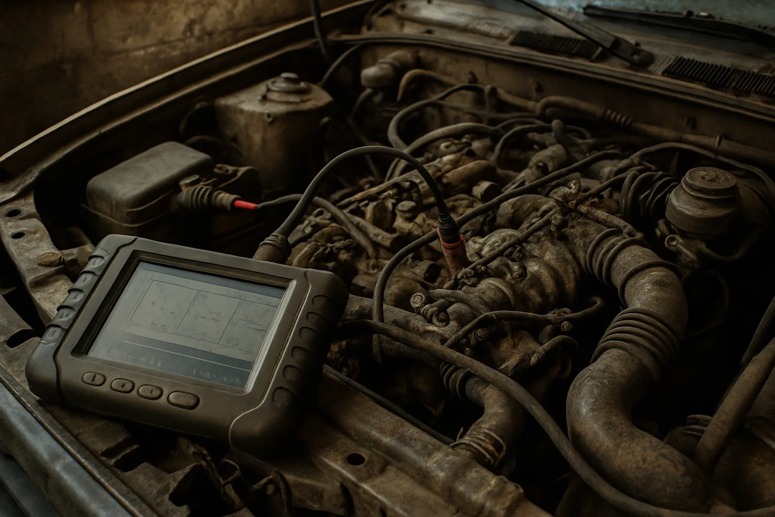 Engine bay with diagnostic equipment connected