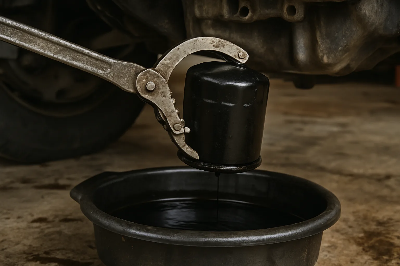 Oil filter being removed during maintenance service